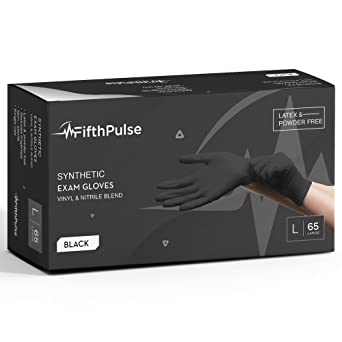 Photo 1 of 2 boxes of size Large- FifthPulse Black Disposable Gloves Large 65 Count - Synthetic Nitrile Medical Exam Gloves - Latex Free, Powder Free - Surgical, Home, Cleaning, and Food Gloves - 3 Mil Thickness