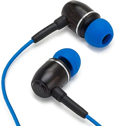 Photo 1 of Onyx Genuine Wood Wired in-Ear Headphones with Sound Isolation and Built-in Microphone (Ebony Wood - Blue)