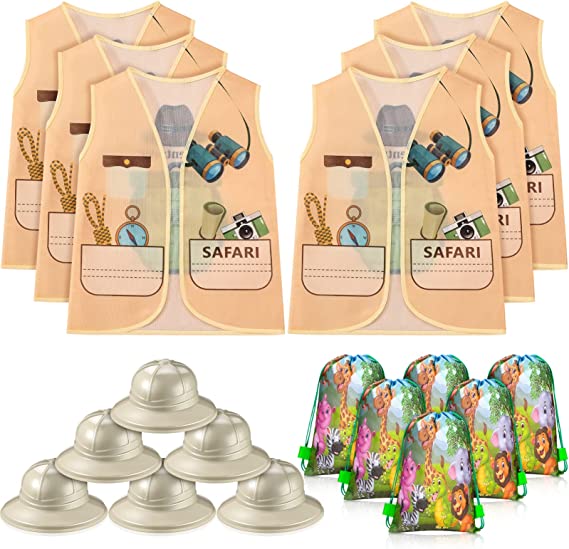 Photo 1 of 18 Pieces Halloween Kids Safari Party Costume with Adventure Vest and Hat Pith Helmets Jungle Drawstring Backpack Explorer Role Play Toy Supplies for Safari Birthday Party Supplies