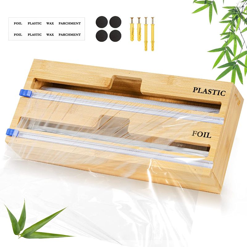 Photo 1 of 2 in 1 Wrap Dispenser with Cutter and Labels, Aluminum Foil and Plastic Wrap Organizer for Kitchen Drawer, Bamboo Roll Storage Organizer Holder for Cling Film and Tin Foil Wax Paper, Fits 12" Roll
