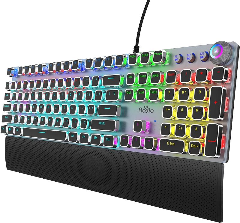 Photo 1 of Fiodio Mechanical Gaming Keyboard, LED Rainbow Gaming Backlit, 104 Anti-ghosting Keys, Quick-Response Black Switches, Multimedia Control for PC and Desktop Computer, with Removable Hand Rest
