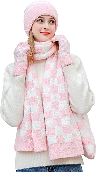 Photo 1 of 4PCS Womens Winter Warm Fleece Checkered Knit Beanie Hat Scarf Gloves Handbag Set.
