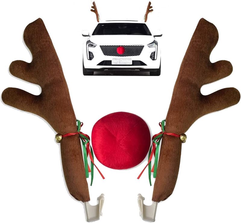 Photo 1 of Car Christmas Reindeer Antler Decorations, Vehicle Christmas Car Decor Kit with Jingle Bells Rudolph Reindeer and Red Nose, Auto Accessories Decoration Kit Best for Car SUV Van Truck, Xmas Gift Set https://a.co/d/au7svfi