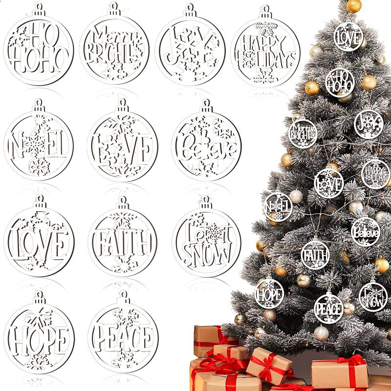 Photo 1 of 48 Pcs Christmas Hollow Hanging Ornaments Snowflake Farmhouse Rustic Ornaments Set White Word Christmas Decorations for Tree Faith Hope Love Joy Peace Wooden Snowflakes Cutouts for Xmas Gift Tags