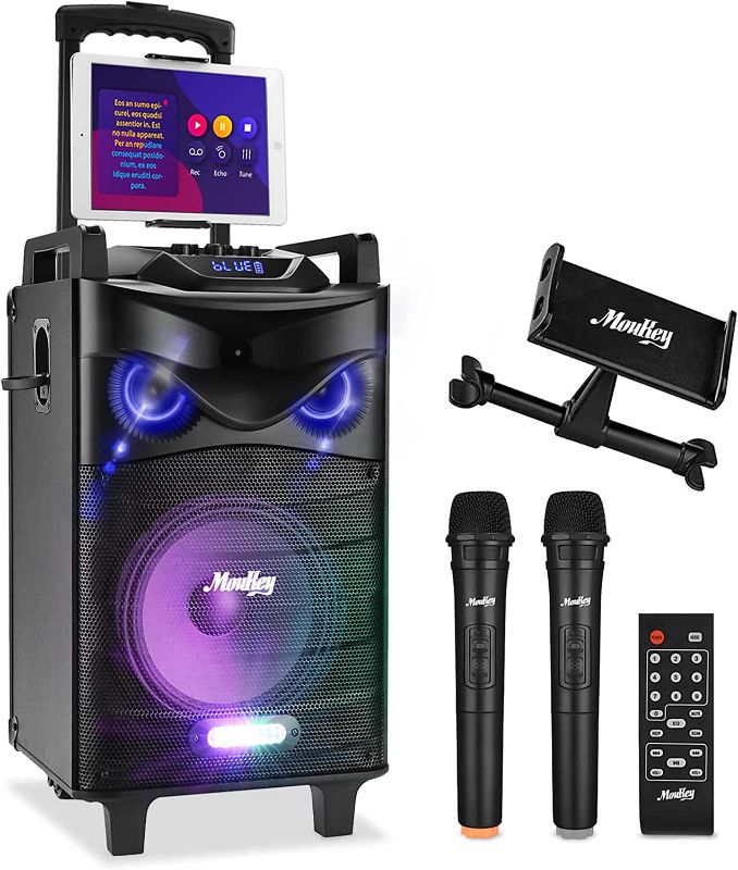 Photo 1 of Moukey Karaoke Machine, PA System Subwoofer, Portable Bluetooth Speaker w/ 2 Wireless Microphones, Lyrics Display Holder, Party Lights & Echo/Treble/Bass Adjustment, Support TWS/REC/AUX/MP3/USB/TF/FM