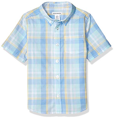 Photo 1 of Amazon Essentials Toddler Boys' Short-Sleeve Woven Poplin Chambray Button-Down Shirt, Blue/Teal Blue, Plaid, SIZE 6/7