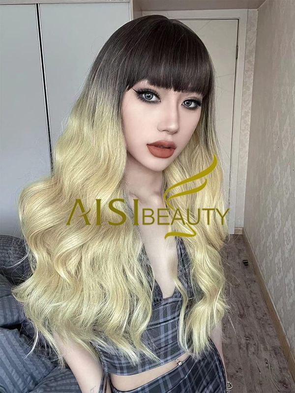 Photo 1 of AISI BEAUTY Ombre Blonde Wigs for Women Synthetic Long Wavy Wig with Bangs for Daily Use 26 Inches