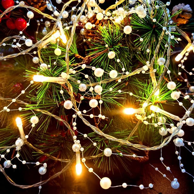 Photo 1 of 2 Pack Christmas Pearl Garland String Light White/Red Beaded Fairy Decoration Indoor Outdoor Battery Operated 20FT 60 Warm LED Garland Lights for Fireplace Bedroom Home Xmas Tree Decor 