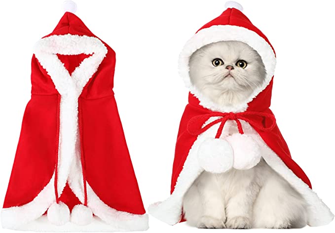 Photo 1 of 2 Pieces Winter Pet Cape New Year Cat Dog Clothes Cat Dog Costume Red Cat Cloak with Hat Soft New Year Red Riding Hood Cloak Thick Funny Pet Dress Up Dog Clothes for Cats Puppies Pets 