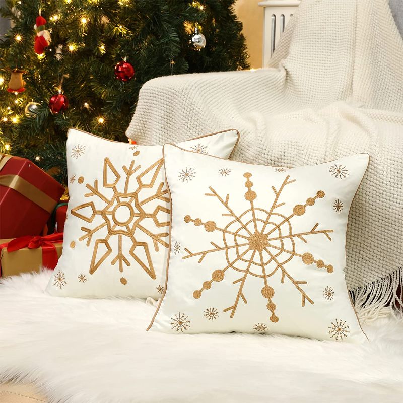 Photo 1 of Lanieney Christmas Embroidery Throw Pillow Covers 18x18 Satin Pillowcase Home Decorative Winter Snowflakes Cushion Cover Shells for Sofa Living Room, Pack of 2
