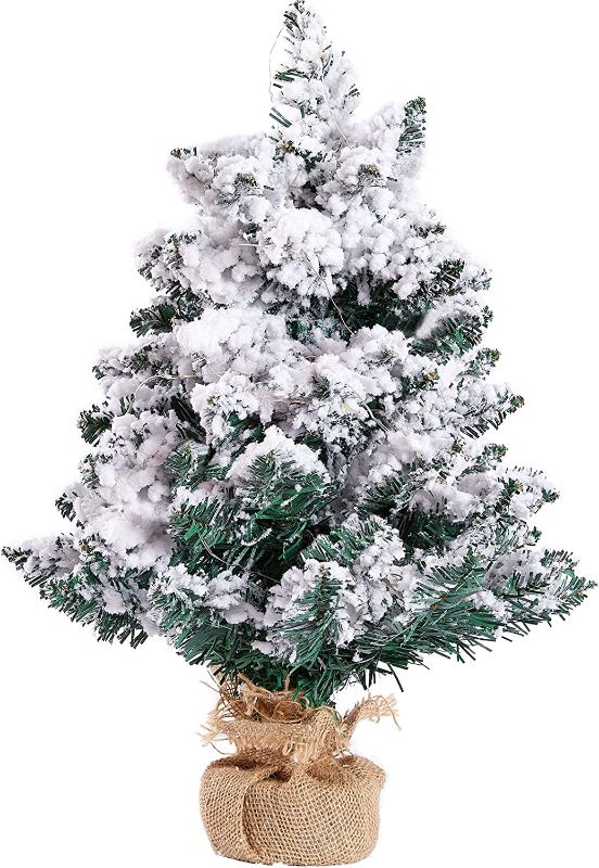 Photo 1 of 20 inch Snow Flocked Tabletop Christmas Tree, Pre-lit Artificial Mini Christmas Tree with Lights, Burlap Base, for Home Indoor Office Decorations
