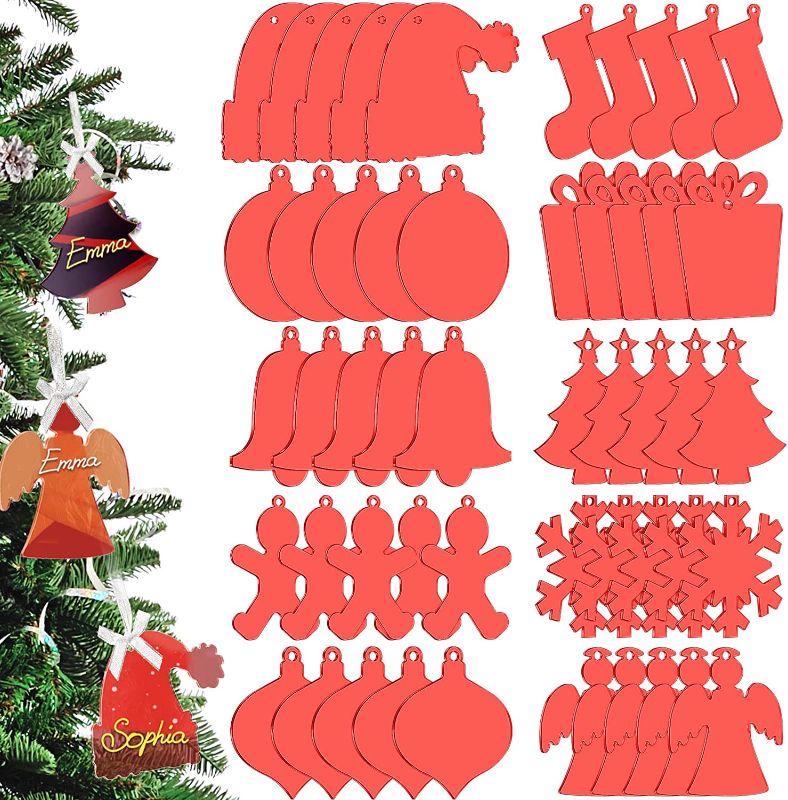 Photo 1 of 50 Pack Christmas Acrylic Blank Ornaments 3 Inch DIY Blank Christmas Bauble Tree Ornaments for Crafts Round Lantern Hexagon Shape Name Tag Xmas Hanging Ornaments (Multi Styles, Red)
