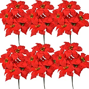 Photo 1 of  WISTART Christmas Artificial Poinsettia Flowers 6Pack Silk Red Poinsettia Artificial Bushes Christmas Flowers 7 Heads Velvet Poinsettia Floral Bouquet with Stem for Party Home Decoration