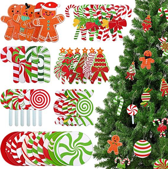 Photo 1 of  Fovths 48 Pieces Christmas Decorations Candy Tree Ornaments Lollipop Gingerbread Candy Christmas Ornaments Colorful Candy Cane Decorations with Ropes for Xmas Tree Party Funny Style 