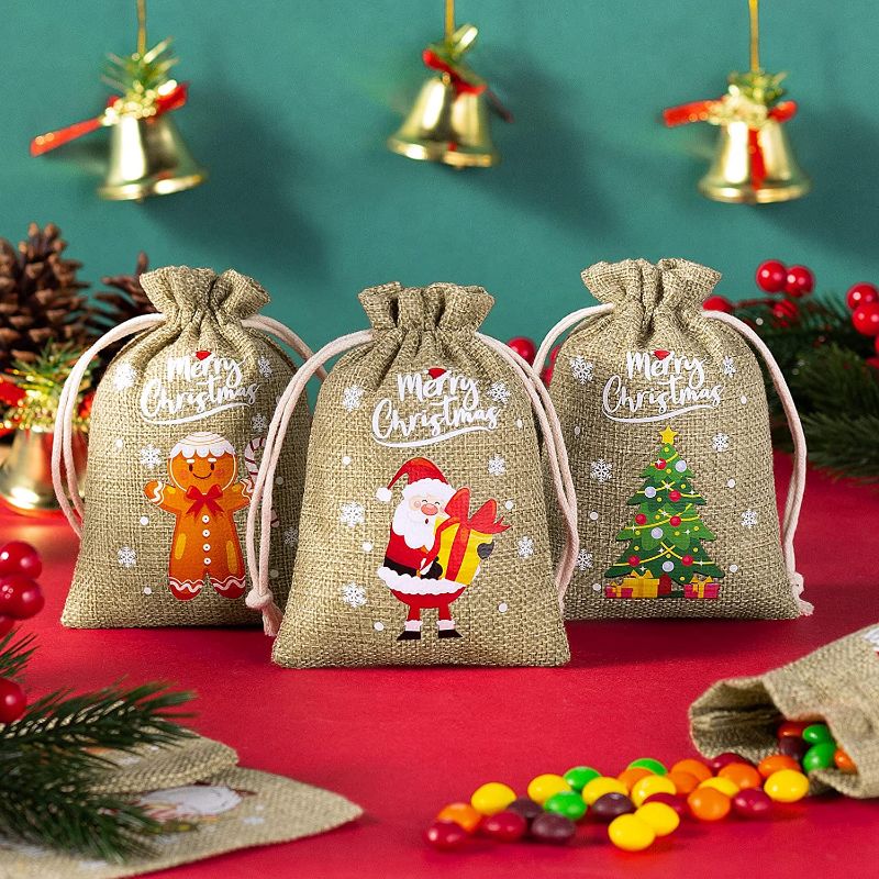 Photo 1 of 36Pcs Christmas Burlap Gift Bags with Drawstring Christmas Linen Bags Drawstring Goody Gift Bags Small Jute Xmas Candy Bags Linen Treat Sacks Reusable Gift Wrapping Bags Xmas Holiday Party Favors Bags
