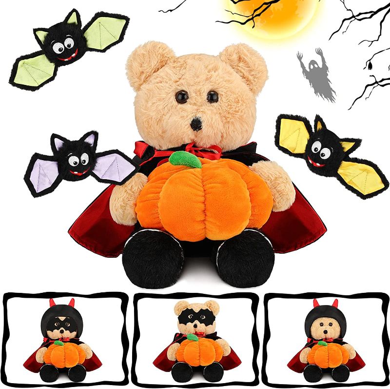 Photo 1 of Chalyna Halloween Bear Stuffed Animals 10 Inches Bear Plush with 3 Bats in Pumpkin Bag Soft Cute Stuffed Plush Toys Desktop Decorations for Kids Girls Boys Holiday Birthday Gift (Cool Bear)
