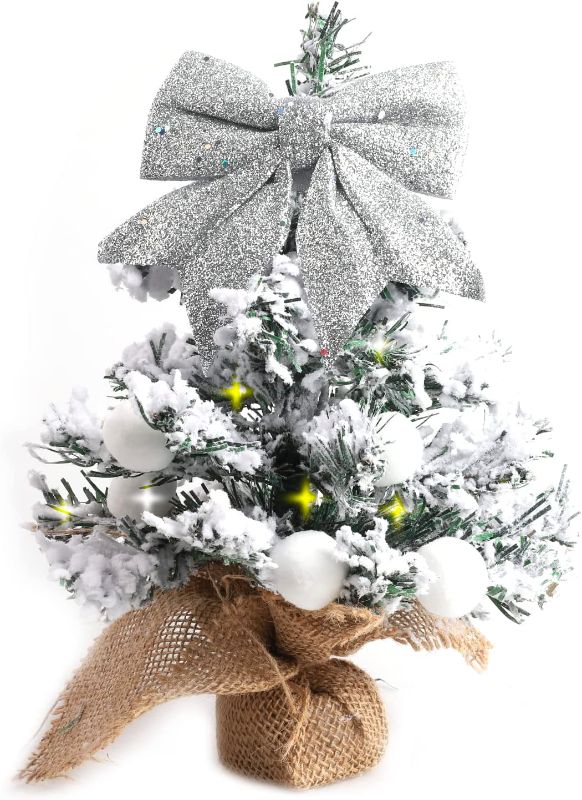 Photo 1 of 12 Inch Tiny White Christmas Tree, Snow Flocked Mini Tabletop Christmas Tree with Lights, Ornaments and Storage Bag, Small Xmas Tree for Christmas Home Decorations 