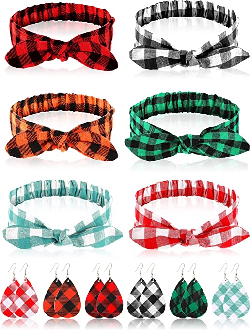 Photo 1 of 6 Pieces Christmas Plaid Headbands with 6 Pairs Buffalo Plaid Faux Leather Teardrop Dangle Earrings Elastic Bowknot Headwrap for Women Girls
