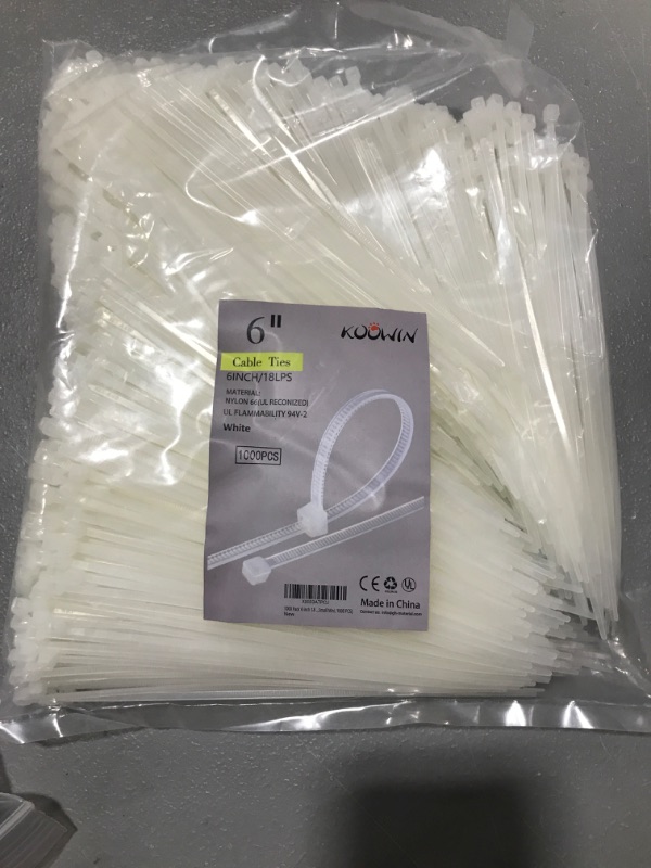 Photo 2 of 1000 Pack 6 Inch Bulk KOOWIN Nylon Plastic Cable Zip Ties Small Wire Wraps White 6 inch 18 lb (1000 pcs) White