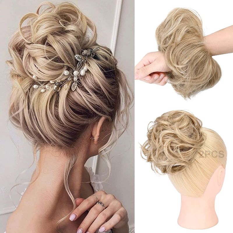 Photo 1 of 2PCS Messy Bun Hair Piece Long Thick Wavy Curly Scrunchies Updo Synthetic Ponytail Hair Extensions Hairpieces for Women Girl Blonde with Pale Gold Highlights