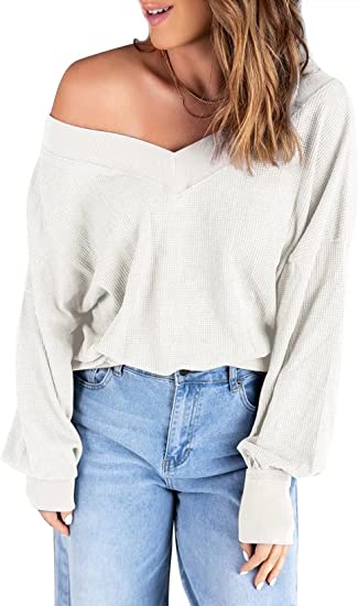 Photo 1 of [Size 2XL] Aleumdr Women's V Neck Long Sleeve Waffle Knit Sweater Off Shoulder Pullover Jumper Tops
