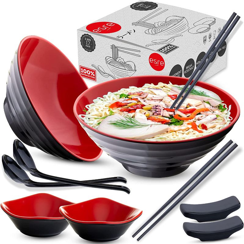 Photo 1 of 2 sets (12 pieces) 37 oz Japanese Ramen Bowl with Chopsticks and Spoons | Asian Chinese Large Ramen Noodle Bowl | Dinnerware Ramen Bowl Set and Pho Bowl (RED)
