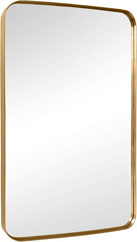 Photo 1 of 20x30 inch Gold Stainless Steel Metal Framed Bathroom Mirror for Wall Rounded Rectangular Bathroom Vanity Mirror
