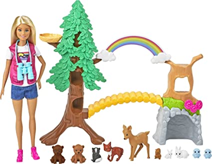 Photo 1 of Barbie Wilderness Guide Interactive Playset with Blonde Barbie Doll (12-in), Outdoor Tree, Bridge, Overhead Rainbow, 10 Animals