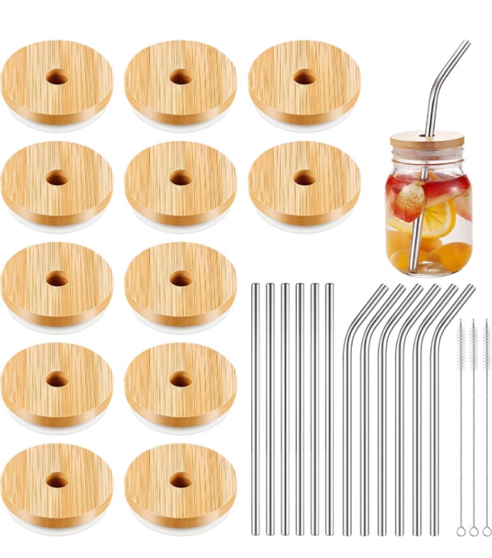 Photo 1 of 12 Pack Bamboo Mason Jar Lids with Straw Hole, Bamboo Lids for Beer Can Glass, 12 Reusable Stainless Steel Straw, 3 Straw Brushes and 1 Velvet Bag for Drinking (Regular Mouth)