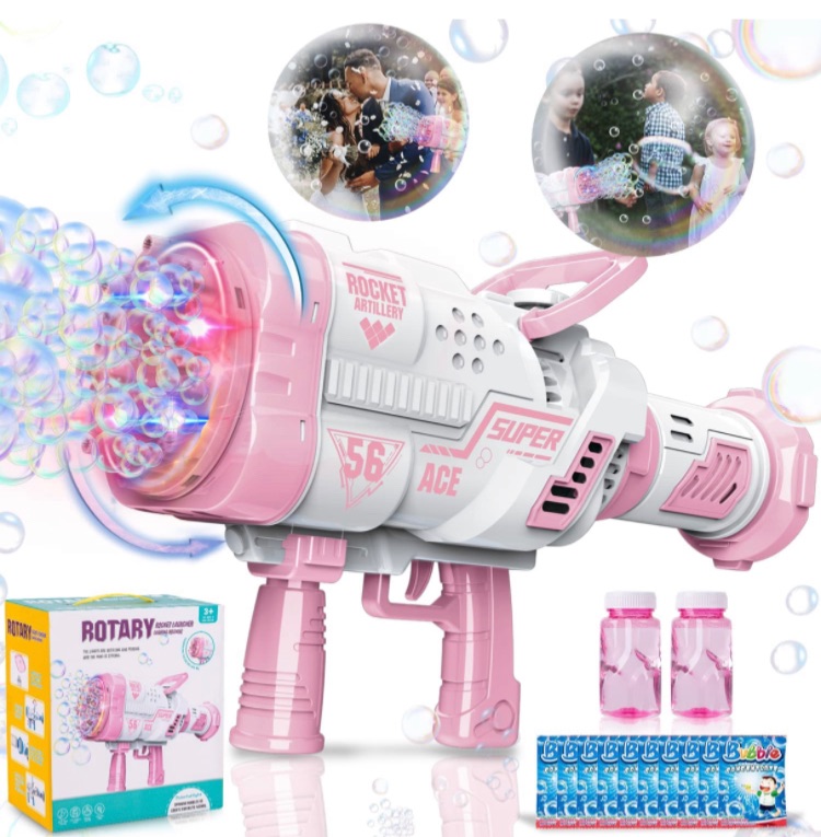 Photo 1 of Bubble Machine Gun, 56-Hole Rotate Rocket Bazooka Bubble Blower Gun with Colorful Lights, Giant Foam Maker Guns for TIK Tok Kids Adults Outdoor Birthday Party Wedding Summer Toy(Pink)