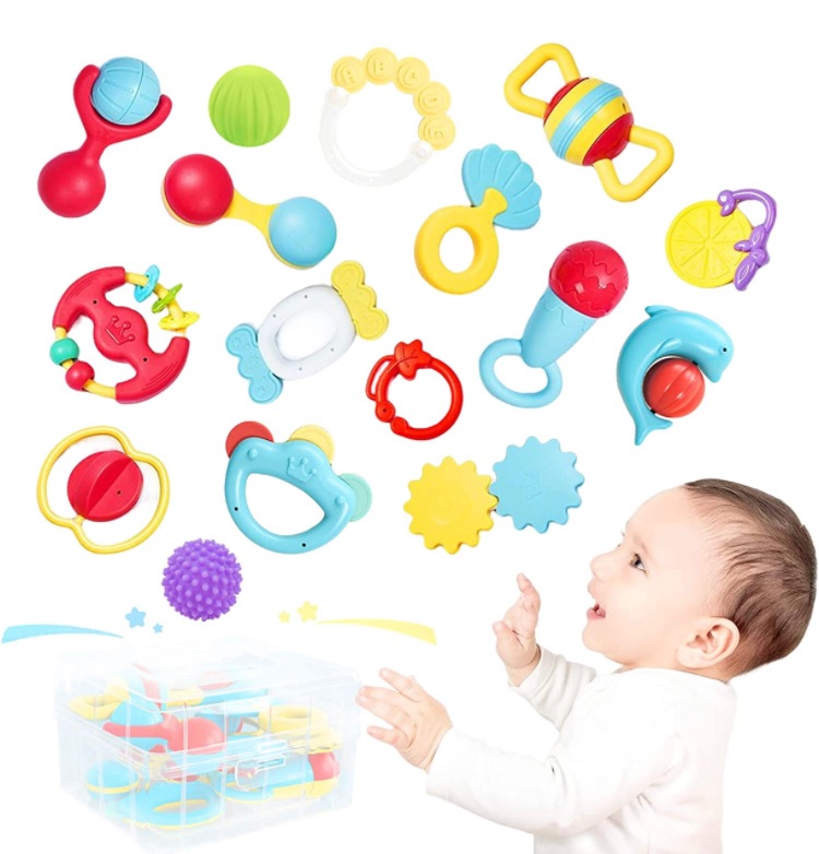 Photo 1 of Eners 16 Pcs Baby Rattle Teethings Toys, Grab and Spin Baby Rattles, Teethers for Babies 0-3-6-12 Months, Infant Shaker with Storage Box