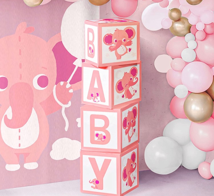 Photo 2 of 4pcs Pink Baby Boxes with Letters for Baby Showers, Elephant Baby Shower Blocks Decoration for Girls, Reusable Cute Balloon Box Decor for Babyshower Birthday Birthday Party