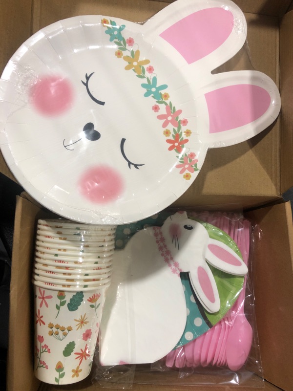 Photo 2 of Bunny Party Supplies | Rabbit Themed 1st Birthday, Dinnerware Set Pack of 68 | 7in 10in Plates 3 Ply Napkins, Cups and Cup Sleeves with Knife Fork and Spoon Set Birthday Party Decorations