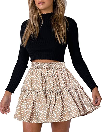 Photo 1 of Arjungo Women's Floral Print High Waist with Drawstring Ruffle Flared Boho A Line Skater Mini Skirt M