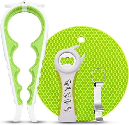 Photo 1 of 4 Pack Jar Opener for Weak Hands,Jar Opener for Seniors with Arthritis?with 5 in 1 Bottle Opener, 4 in 1 Can Opener, Jar Gripper Pad and Bottle Opener Keychain (White green)
