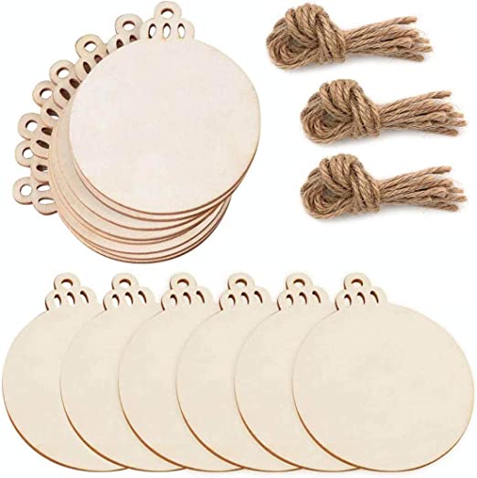 Photo 1 of 30pcs Round Wooden Discs with Holes, 30 Twine, 3.5*3" Unfinished Predrilled Natural Blank Wood Slices for Crafts Centerpieces,for DIY Crafts Wedding Decorations Christmas Ornaments Arts Wood Slices
