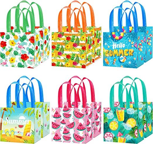 Photo 1 of Cieovo 12 Pack Tropical Hawaiian Non-Woven Gift Bags Tote Bags with Handles Summer Party Reusable Grocery Shopping Bag for Luau Tropical Beach Holiday Party Favors
