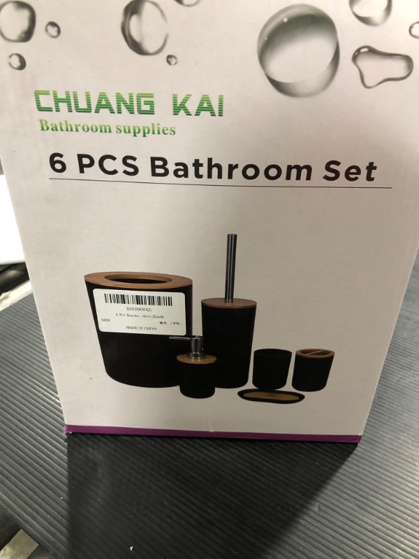 Photo 2 of 6 Pcs Bamboo and Plastic Bathroom Accessories Sets, Includes Toothbrush Cup, Toothbrush Holder, Soap Dispenser, Soap Dish, Toilet Brush with Holder, Trash Can, with 3 Pcs Toothbrushes- BLK