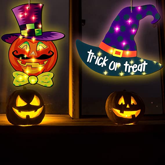 Photo 1 of 2 Pieces Halloween Window Lights Halloween Decorations Owl Pumpkin Witch Hat Window Silhouette Light up Happy Halloween Sign with 20 LED Light for Party Home Ornament 13.8 Inch (Pumpkin)- 
