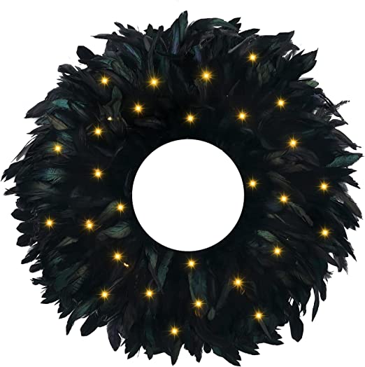 Photo 1 of 19.68'' Black Halloween Feathers Wreath Set 15pcs DIY Lighted Wreath Feathers Wreath with LED Light Iron Ring Glue Gun Halloween Door Hanging Wreath for Front Door Halloween Decor(Black)