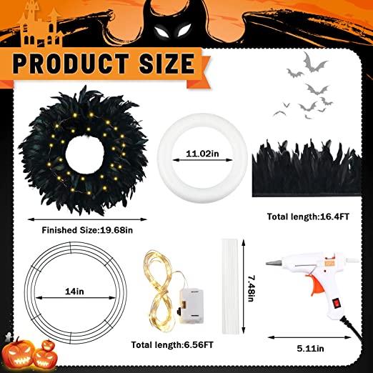 Photo 2 of 19.68'' Black Halloween Feathers Wreath Set 15pcs DIY Lighted Wreath Feathers Wreath with LED Light Iron Ring Glue Gun Halloween Door Hanging Wreath for Front Door Halloween Decor(Black)