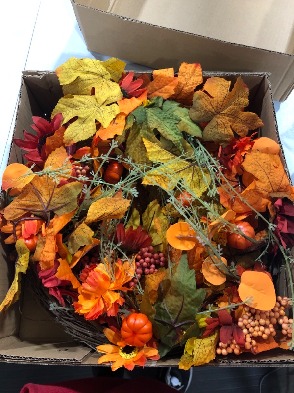Photo 1 of 22 Inch Fall Wreaths for Front Door , Fall Artificial Floral Wreath with Daisy Sunflowers Berries Maple Leaves, Autumn Farmhouse Harvest Wreath for Thanksgiving Halloween Indoor Outdoor Home Decor 