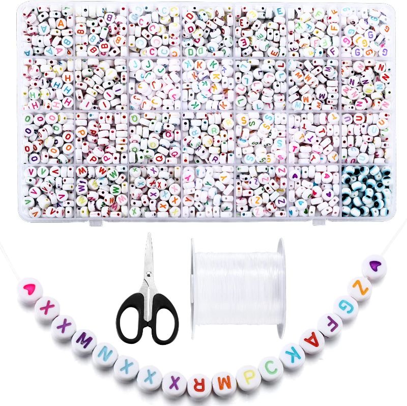 Photo 1 of 1680 Pieces A-Z Letter Beads (Even Quantity) , Acrylic 4x7mm Round Letter Beads Kits Alphabet Beads, Evil Eye Beads Heart Beads for Bracelets Necklaces DIY Jewelry Making Crafts (Colorful?1680pcs)