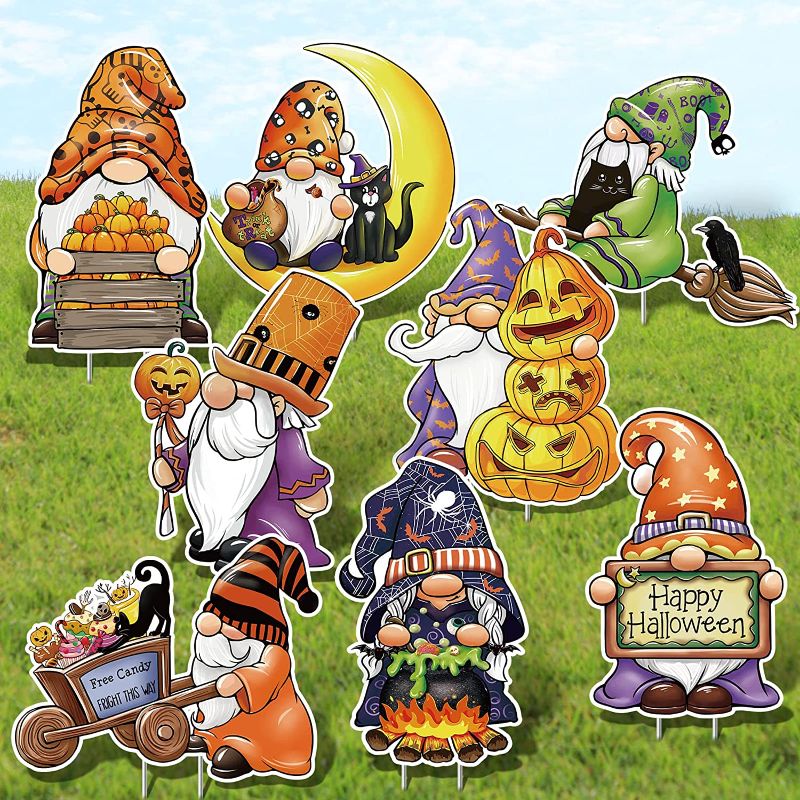 Photo 1 of 8 Pieces Halloween Yard Sign Outdoor Lawn Decorations Gnomes Yard Sign with Stakes Gnome Party Yard Sign Happy Halloween Yard Sign Corrugated Yard Stake Signs for Halloween Lawn Yard Decorations Props 