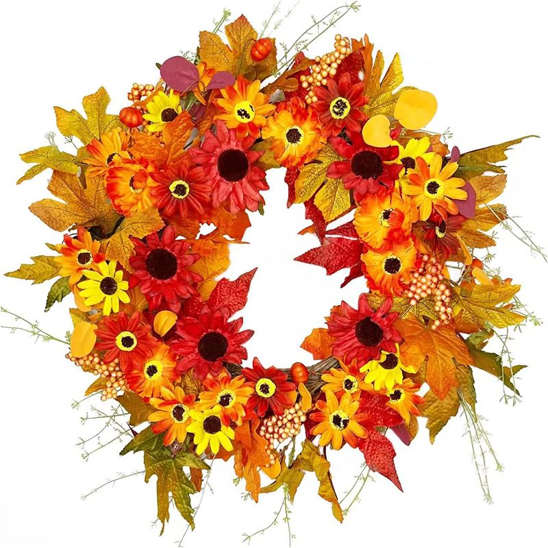 Photo 1 of 22 Inch Fall Wreaths for Front Door , Fall Artificial Floral Wreath with Daisy Sunflowers Berries Maple Leaves, Autumn Farmhouse Harvest Wreath for Thanksgiving Halloween Indoor Outdoor Home Decor 