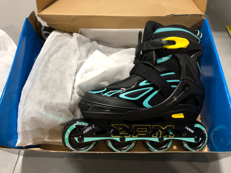 Photo 2 of 2PM SPORTS Vinal Girls Adjustable Flashing Inline Skates, All Wheels Light Up, Fun Illuminating Skates for Kids and Men- Azure Small (1Y-4Y US) Cyan & Yellow Small - Little Kid YOUTH SIZE - 4-7 Y