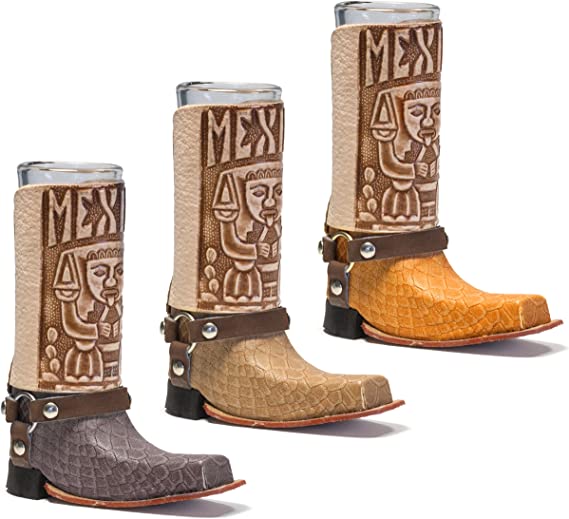 Photo 1 of ( 3 Pack ) Mexican Leather Mini Boot Tequila Shot - Original Artisan Bota Tribalera para Tequila (Assorted Colors)