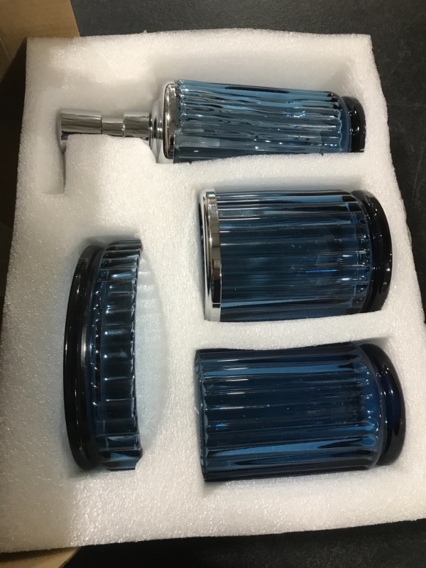 Photo 1 of 4PCs Heavy Weight Decent Blue Glass Bathroom Accessories Set with Decorative Pressed Pattern - Includes Hand Soap Dispenser & Tumbler & Soap Dish & Toothbrush Holder (Cobalt Blue)