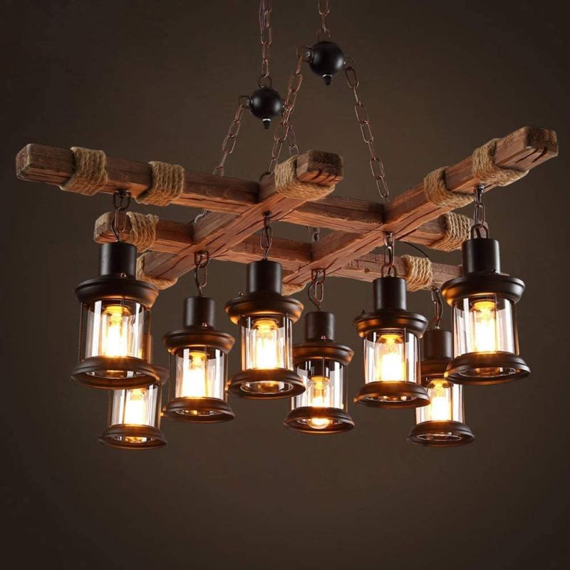 Photo 1 of 8 Lights Industrial Wooden Hanging Lighting Black Metal Chandelier Farmhouse Vintage Pendant Lamp Glass Lampshade for Pool Table Kitchen Island Bar Retro Ceiling Light Height Adjustable Fixture 