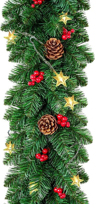 Photo 1 of 9FT Pre-Lit Christmas Garland with Lights Battery Operated Christmas Decorations, Christmas Garland for Stairs, Fireplace, Holiday Outdoor Indoor Garland